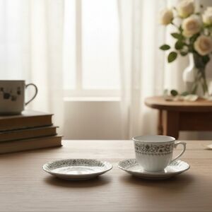 Vintage Jiepai China Grey Floral Tea Cup & Saucer With Silver Trim - Set Of 4